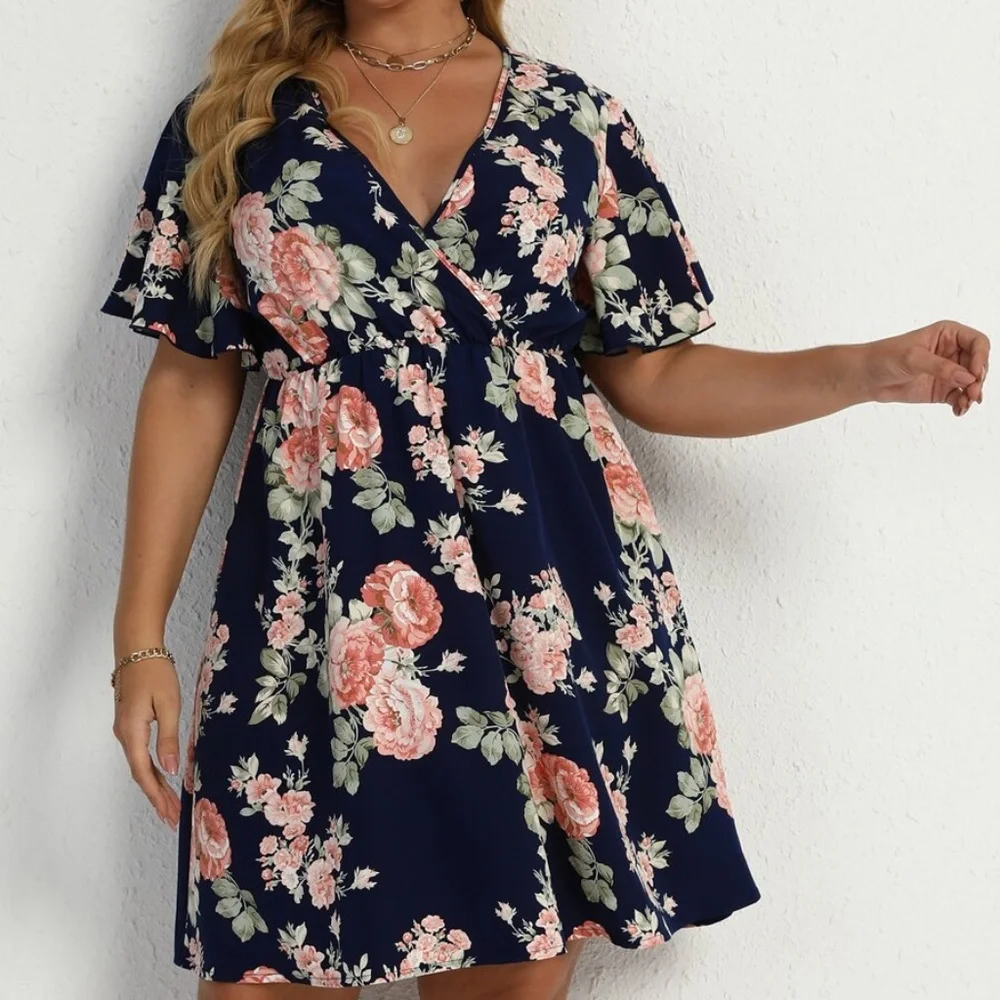 PLUS Boho Navy Blue Butterfly Sleeve Mini Dress Cottagecore - Picture 8 of 8